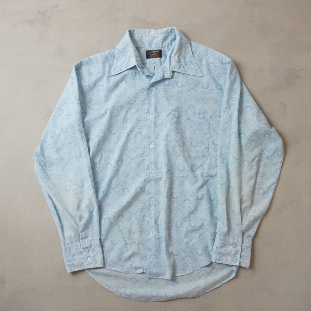 Vintage 70s Towncraft Penneys Tapered Shirt L Mens Blue Paisley Damask Button Up